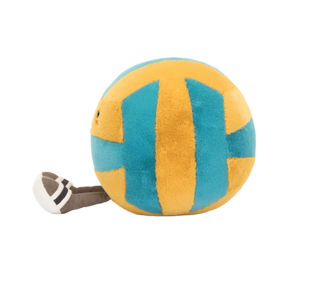 Side view of the Amuseable Sports Volleyball with blue and yellow stripes.