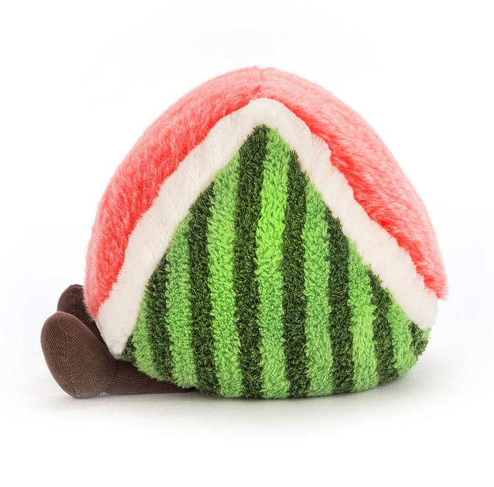 Side view of the plush Amuseable Watermelon showing off the green striped rind. 