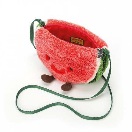 Amuseable Watermelon Bag with its slim green strap and super soft texture, looks like the perfect slice of watermelon! The zippered pocket opens at the top of the slice. 