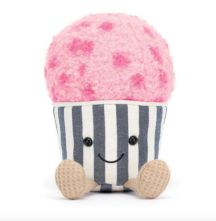 Plush blue and white striped cup of pink gelato.