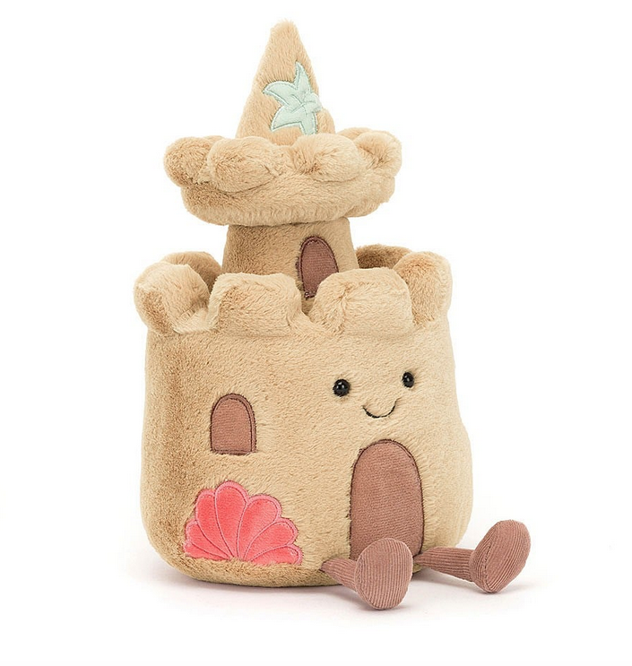 Amuseable Sandcastle stuffed toy. It has two levels and a blue starfish at the top and a pink seashell at the bottom.