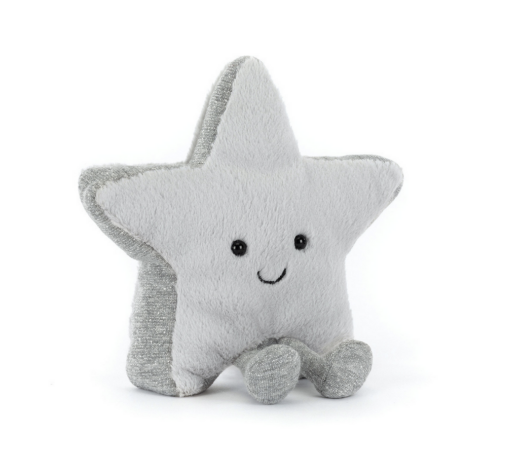 Silver star shaped plush with a happy face on a white background