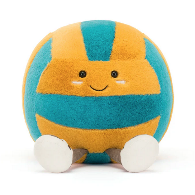 Plush yellow and blue beach volleyball with a sweet smile and little legs.