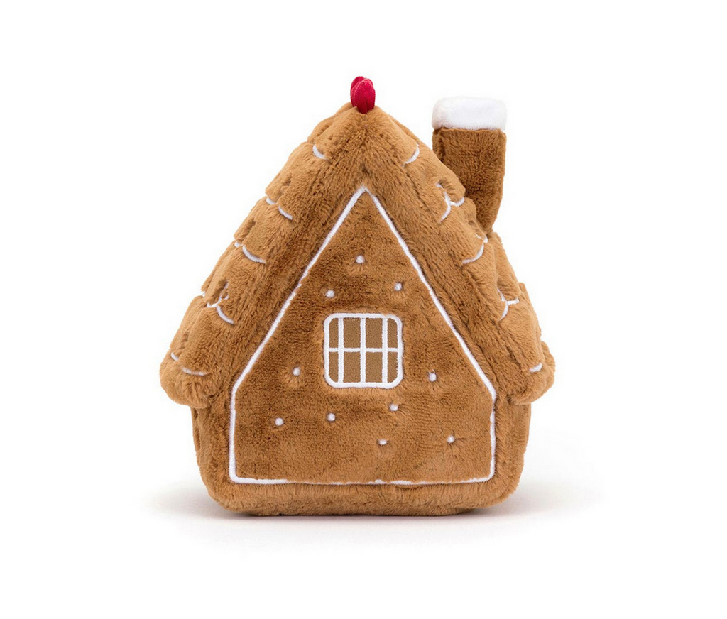 View of the back of the Jellycat stuffed Amuseables Gingerbread House. 