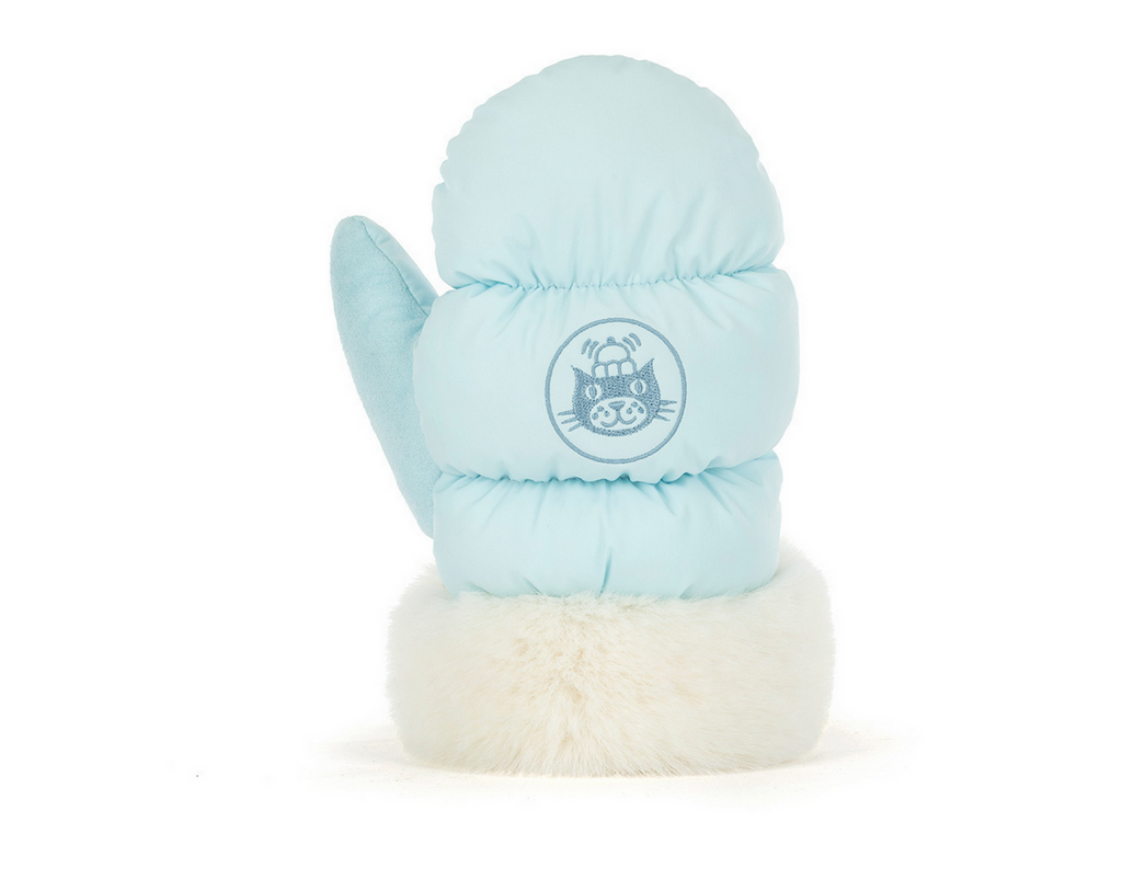 Light blue plush toy with a white base on a white background