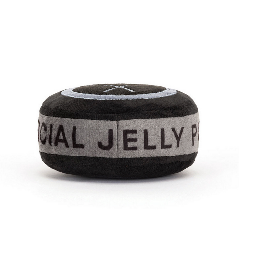 Right side view of the Amuseables Sports Ice Hockey Puck with "Official Jellycat" written on it. 