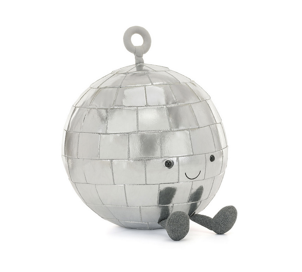 Disco ball stuffed animal with a sweet smiling face and grey booties. 