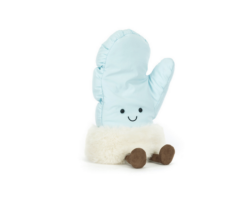 Blue mitten with a happy face plush toy on a white background