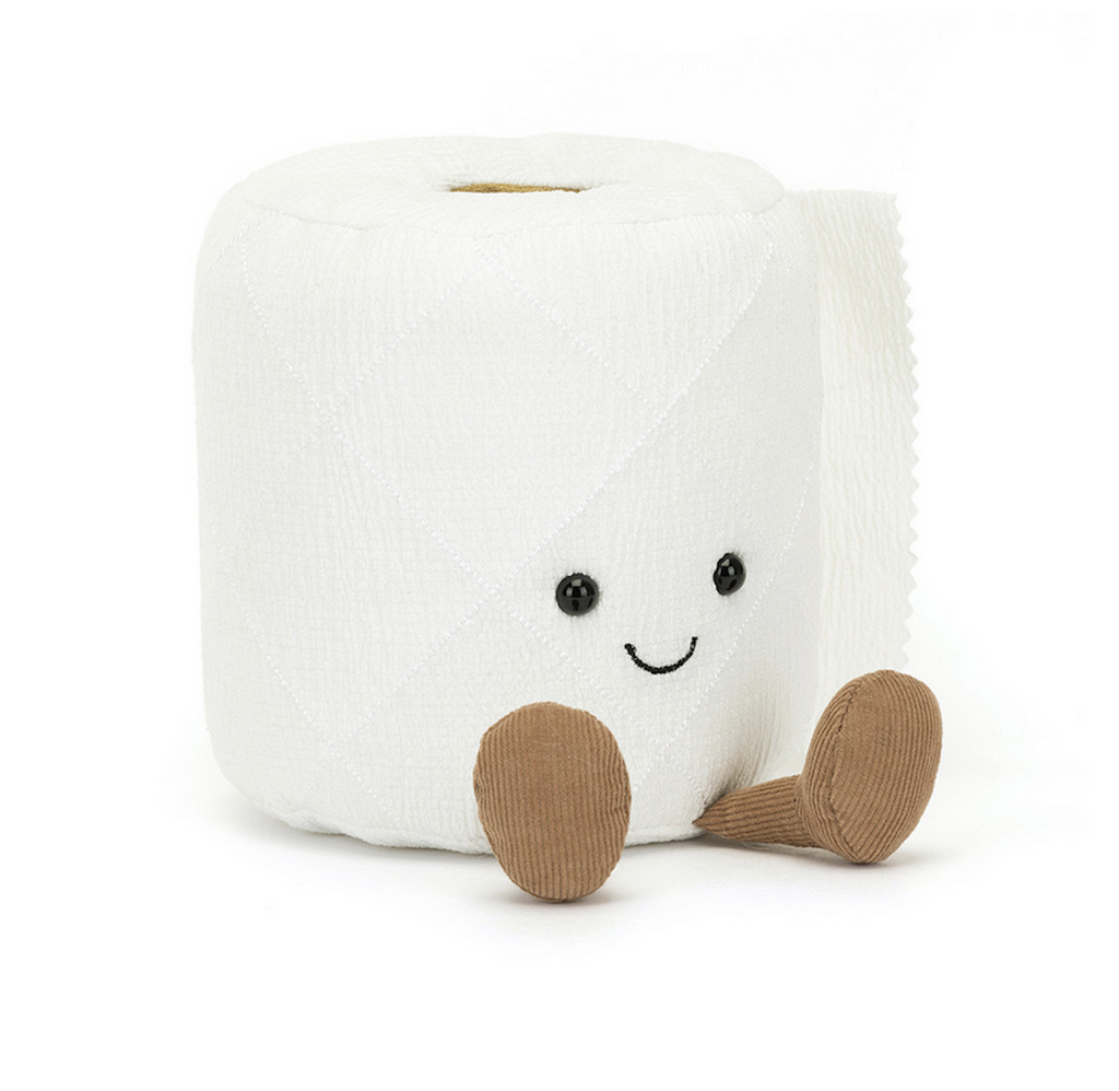 Plush toilet paper roll with light brown courduroy boots. 