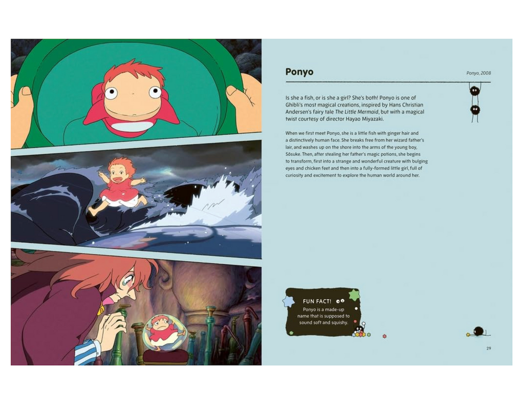 Interior page with a panel of scenes from the movie "Ponyo" on the left and on the right page there is a description of the movie. 