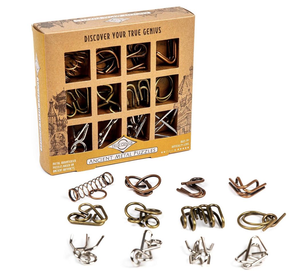 Image of Ancient Metal Puzzles box on a white table with the 12 different metal brain teasers displayed in front.