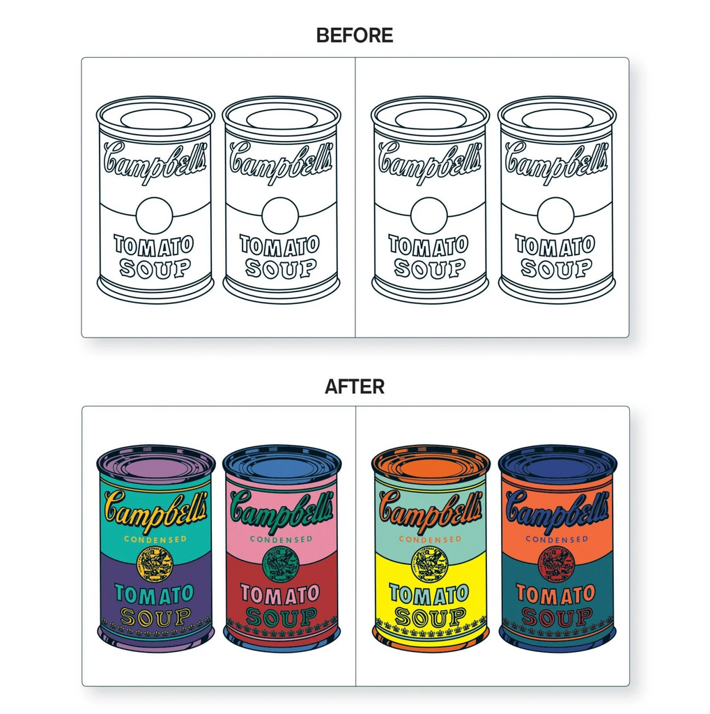 Examples of interior pages showing Warhol's Campbell's Soup Can as black and white image on dry page then in full color after wet.