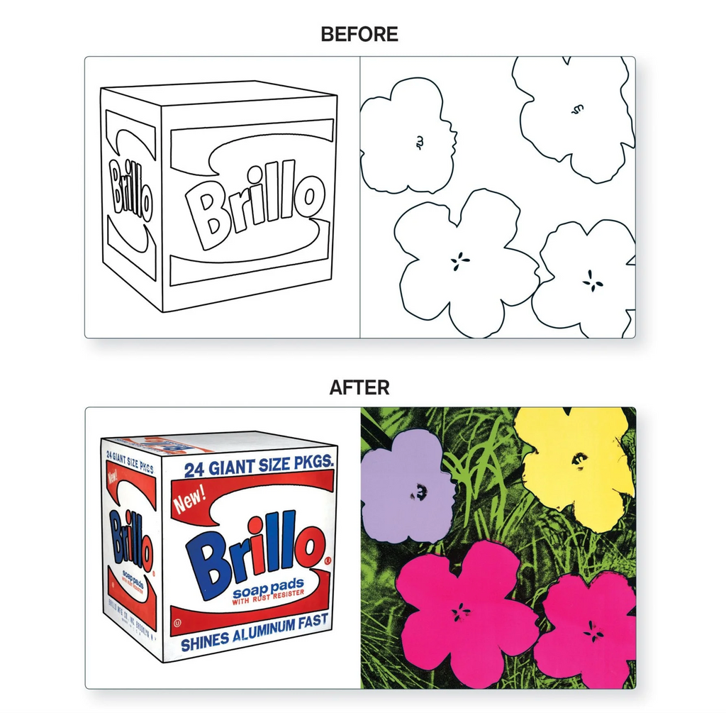 Examples of interior pages showing Warhol's Brillo Box and Flowers as black and white image on dry page then in full color after wet.