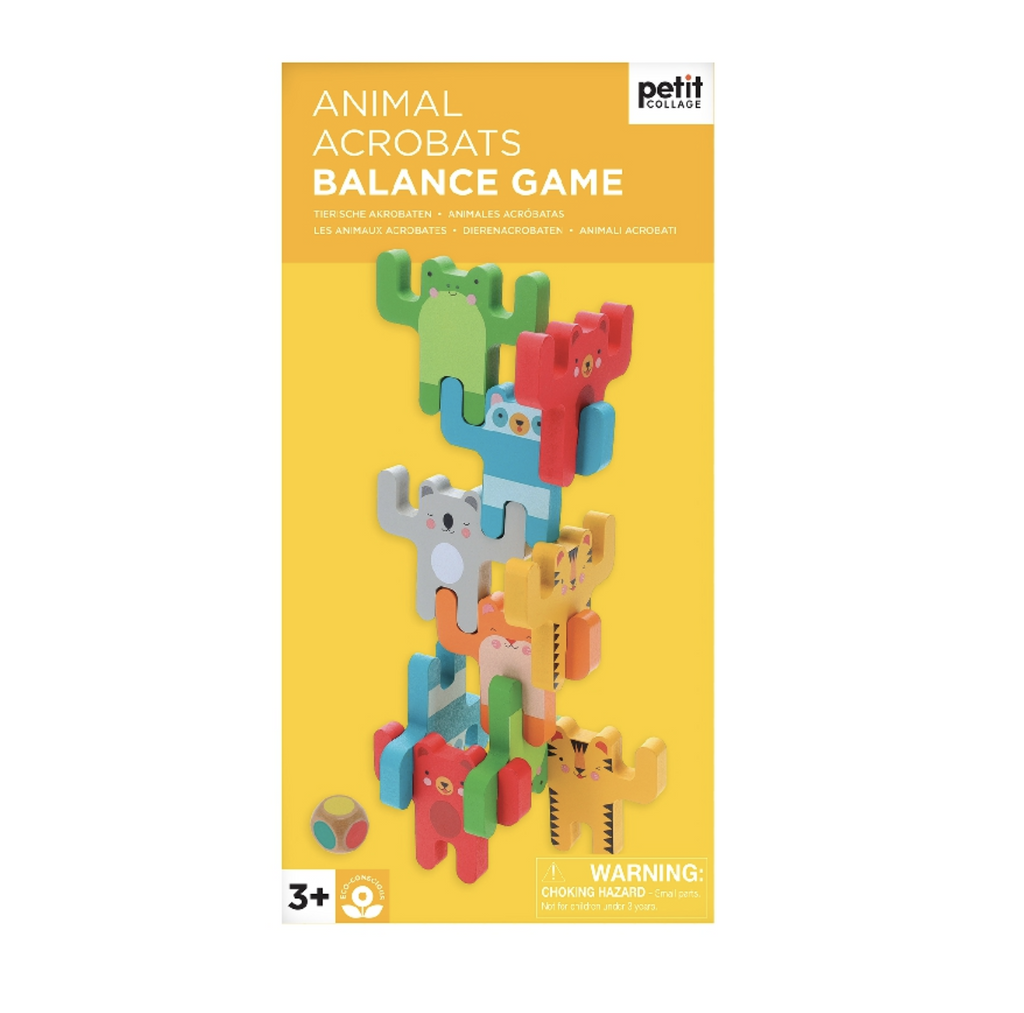 Bright yellow box with a picture of the wooden animals in the game stacked. 