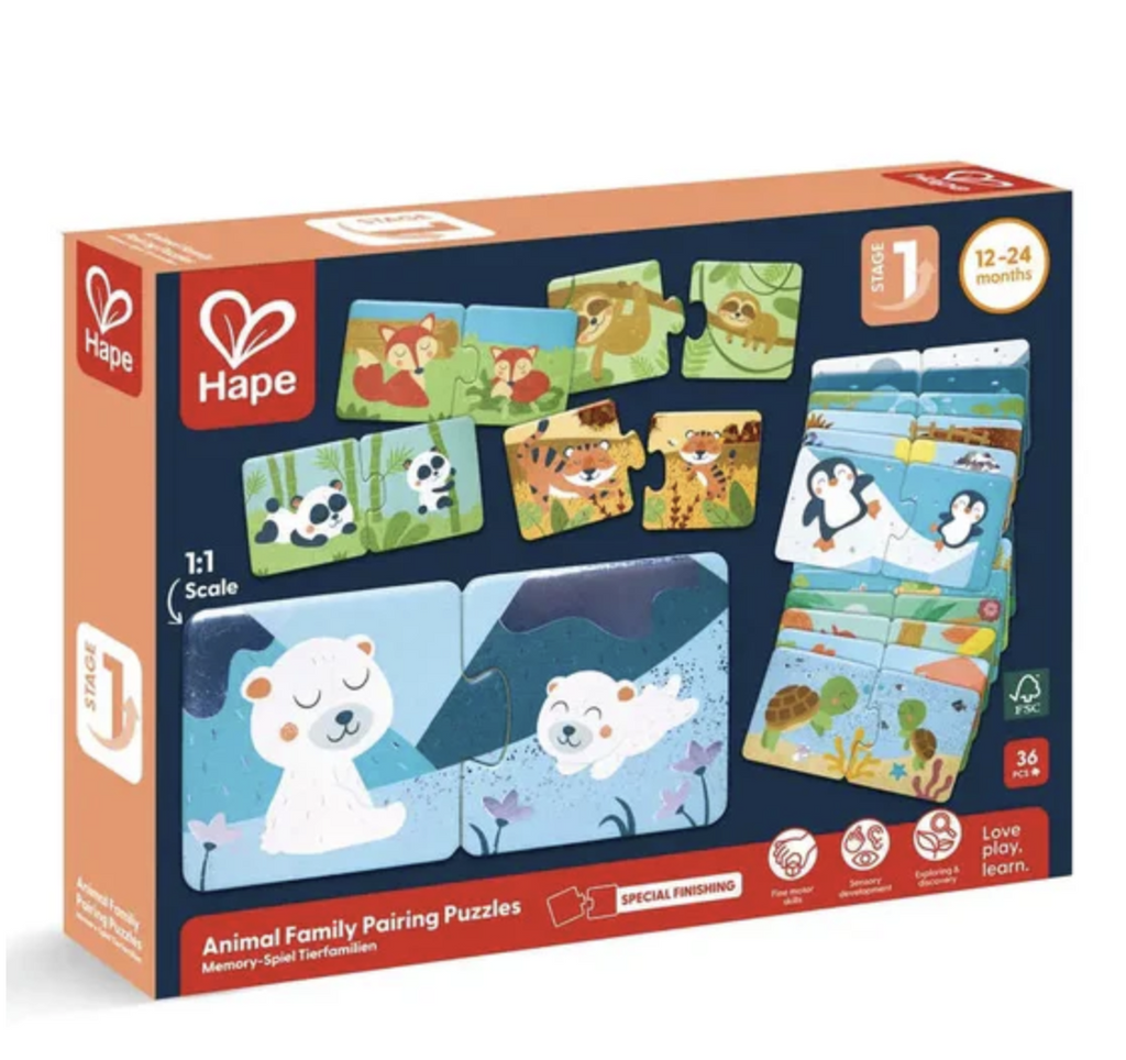 Front of animal family pairing puzzles box for ages 12 to 24 months.