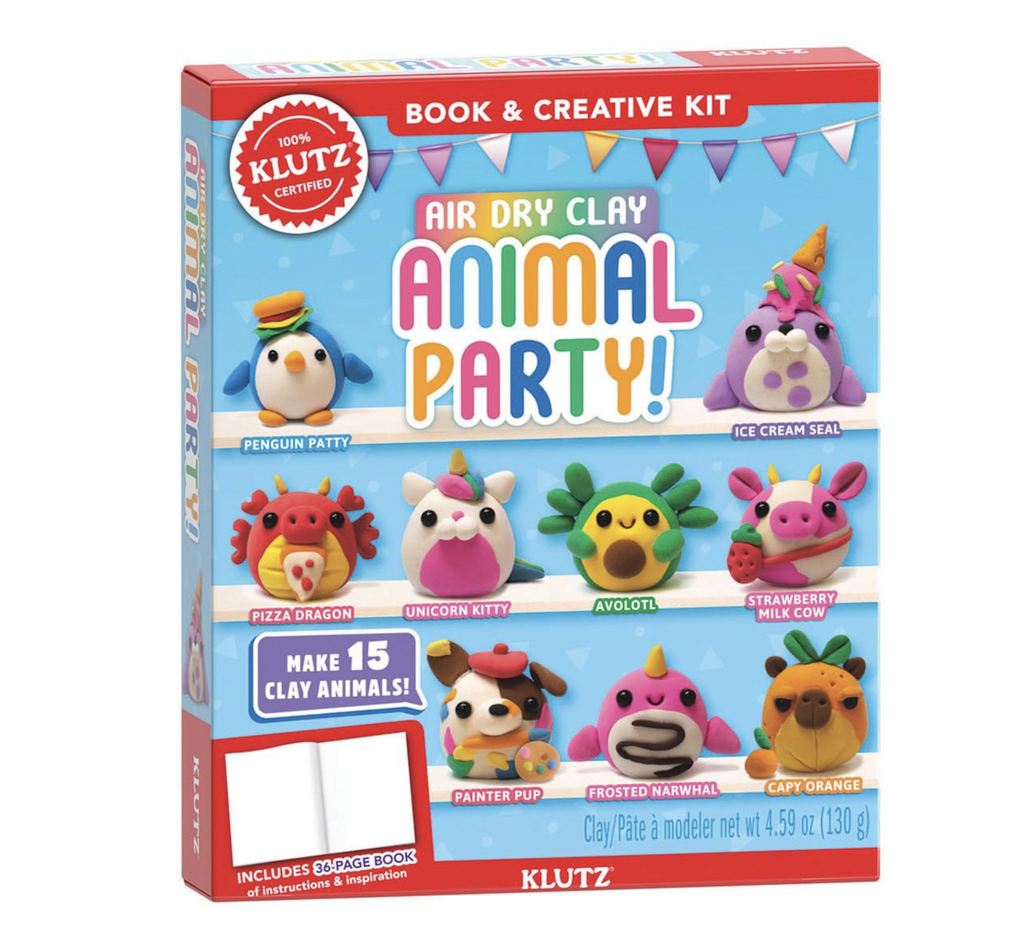Box for the Animal Party Air Dry Clay kit featuring pictures of some of the clay animals that can be made using this craft kit. From a penguin with a cheeseburger hat, a red and yellow pizza dragon, pink and white frosted narwhal and many more!