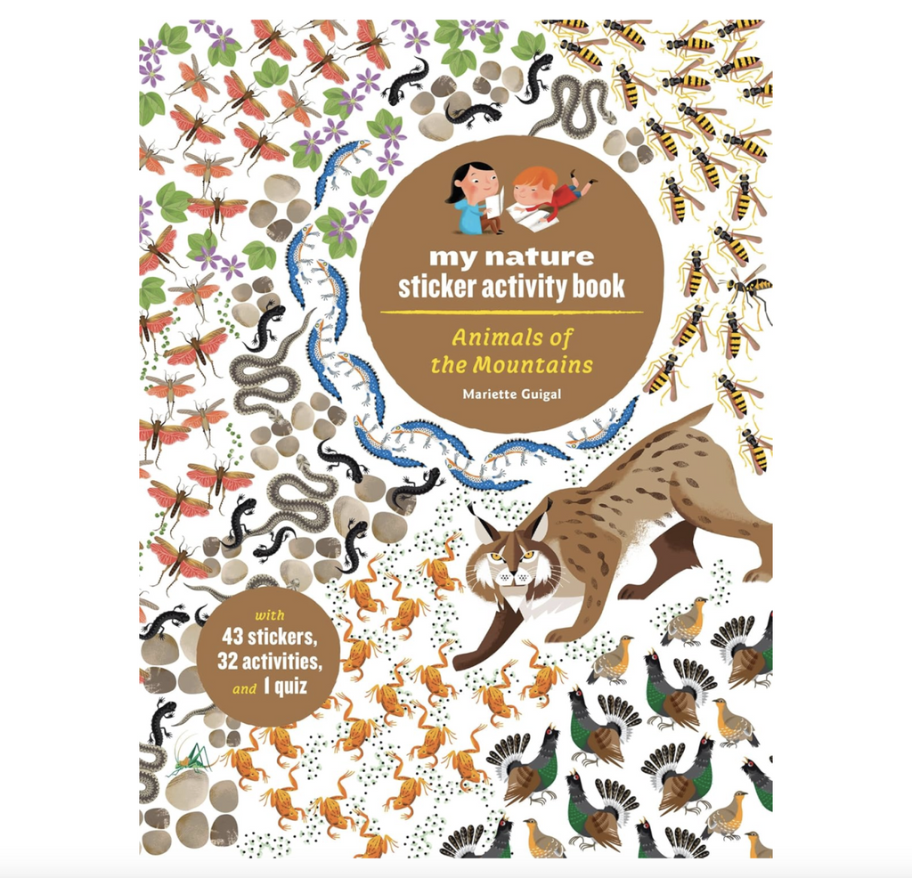 Illustrated cover for My Nature Sticker Activity Book with animals, and insects all over it. 