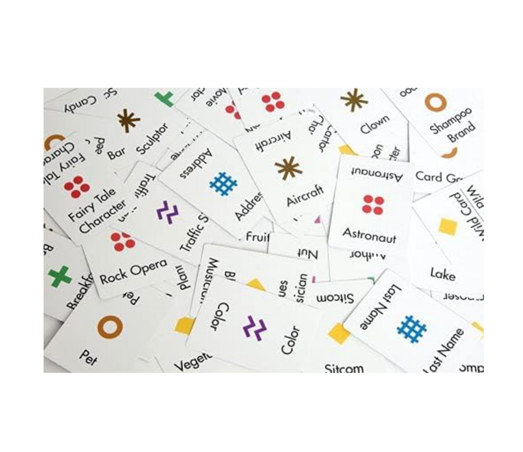 Set of Anomia cards with various symbols and text on a white background