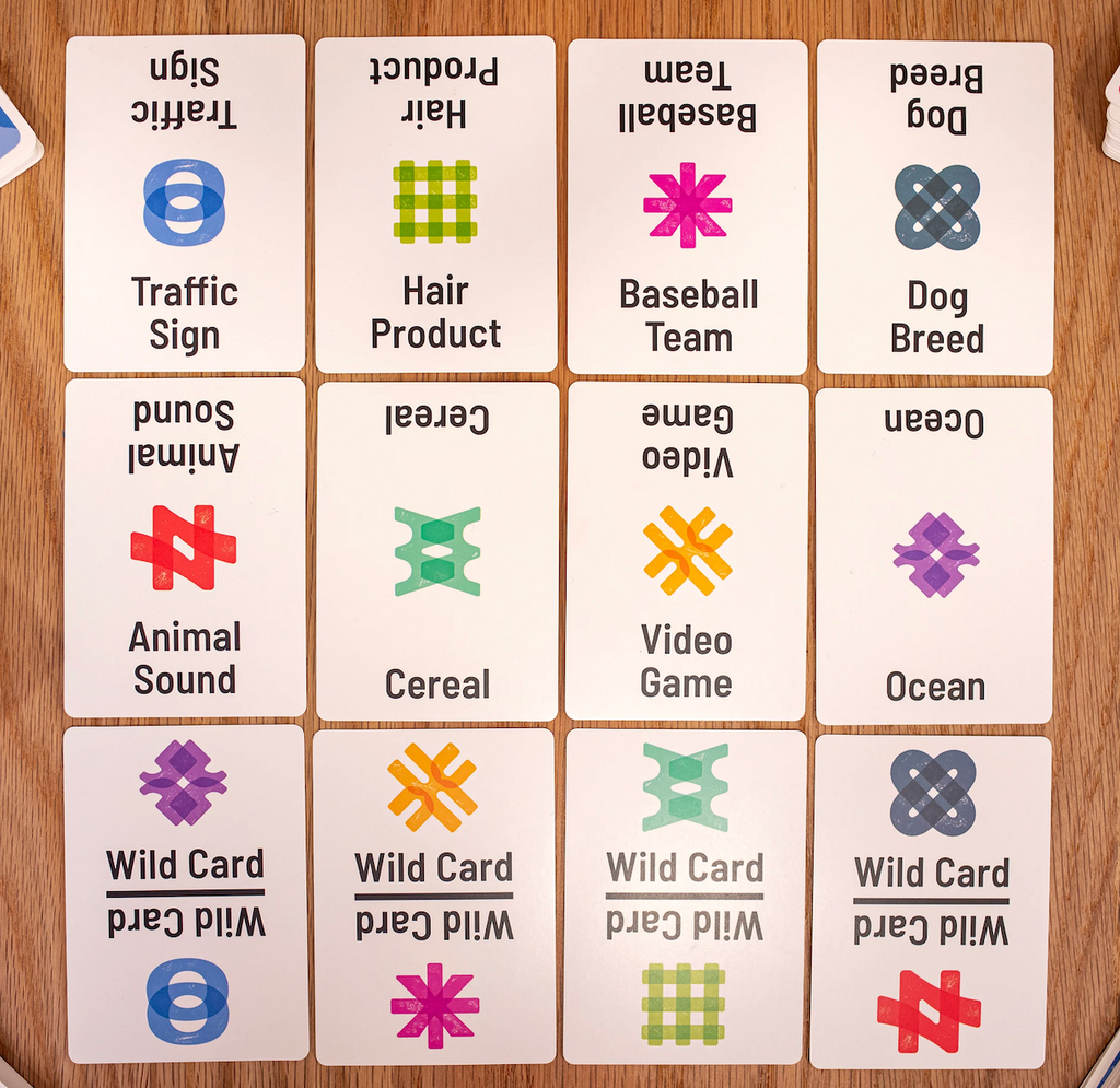 Cards from the game Anomia laid out in a square on a table. Showing examples of categories, shapes and wild cards that prompt actions while playing.
