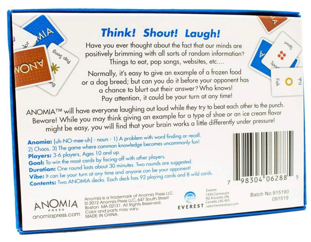 Back of a card game packaging with text and branding