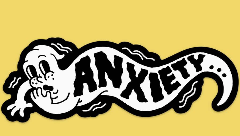 Black and white bumper sticker of a blob like character crawling along that reads "Anxiety" 