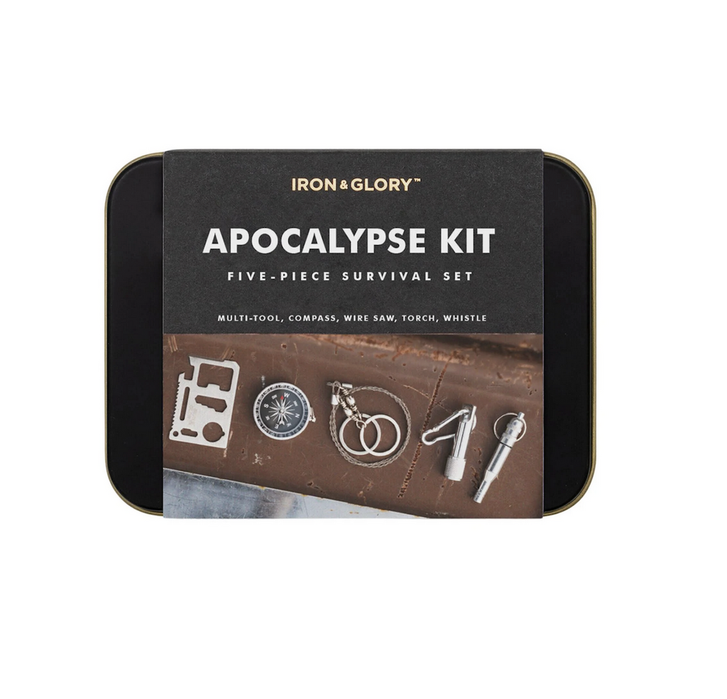 The Apocalypse Kit a FIve Piece Survival Set packaged in a pocket sized tin with a picture of the tools included on the front of the label. 
