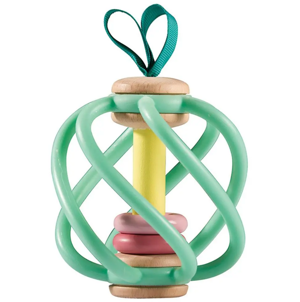 Apple Grab Teether Baby Toy with green silicone loopsnad three stacked rings that move back and forth to make a rattle noise. 