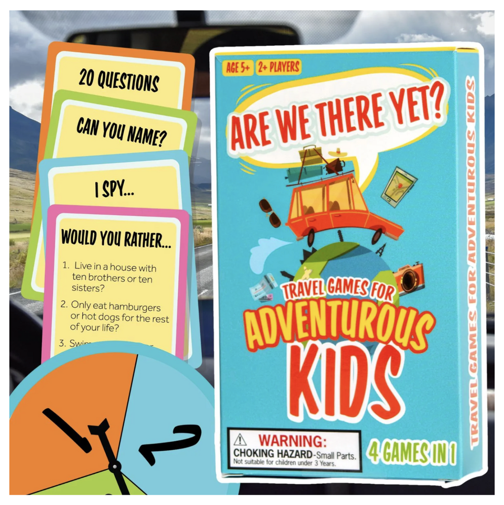 Are We There Yet travel card game packaging, spinner, and cards depicting the 4 included games- 20 Questions, Can You Name, I Spy, and Would You Rather.