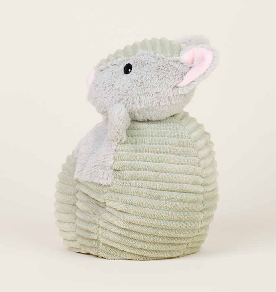 Armadillo Warmies weighted stuffed animal viewed from the side. 