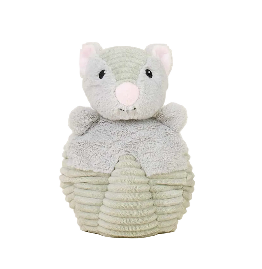 Armadillo Warmies weighted plush with soft grey body and sueded, ridged fabric to represent the shell. 