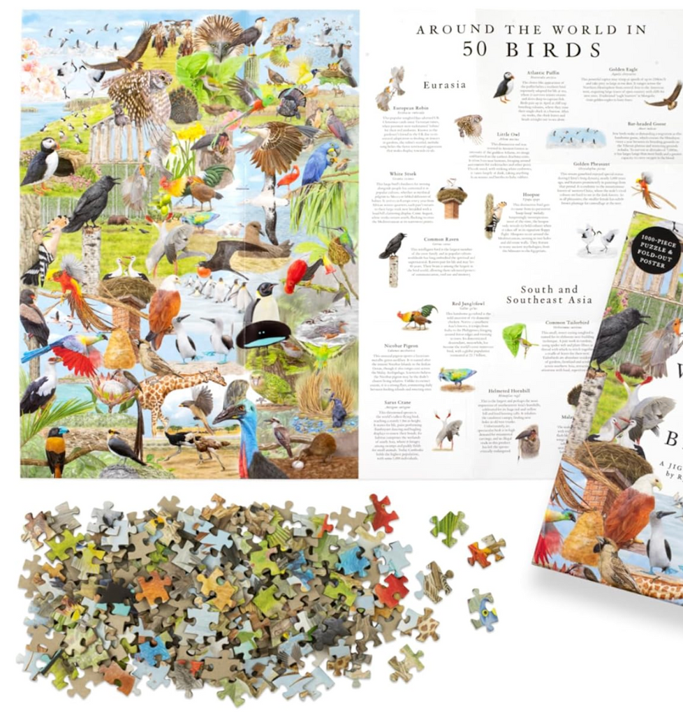 Poster of the puzzle image for "Around The World in 50 Birds" included in the puzzle along with puzzle pieces. 