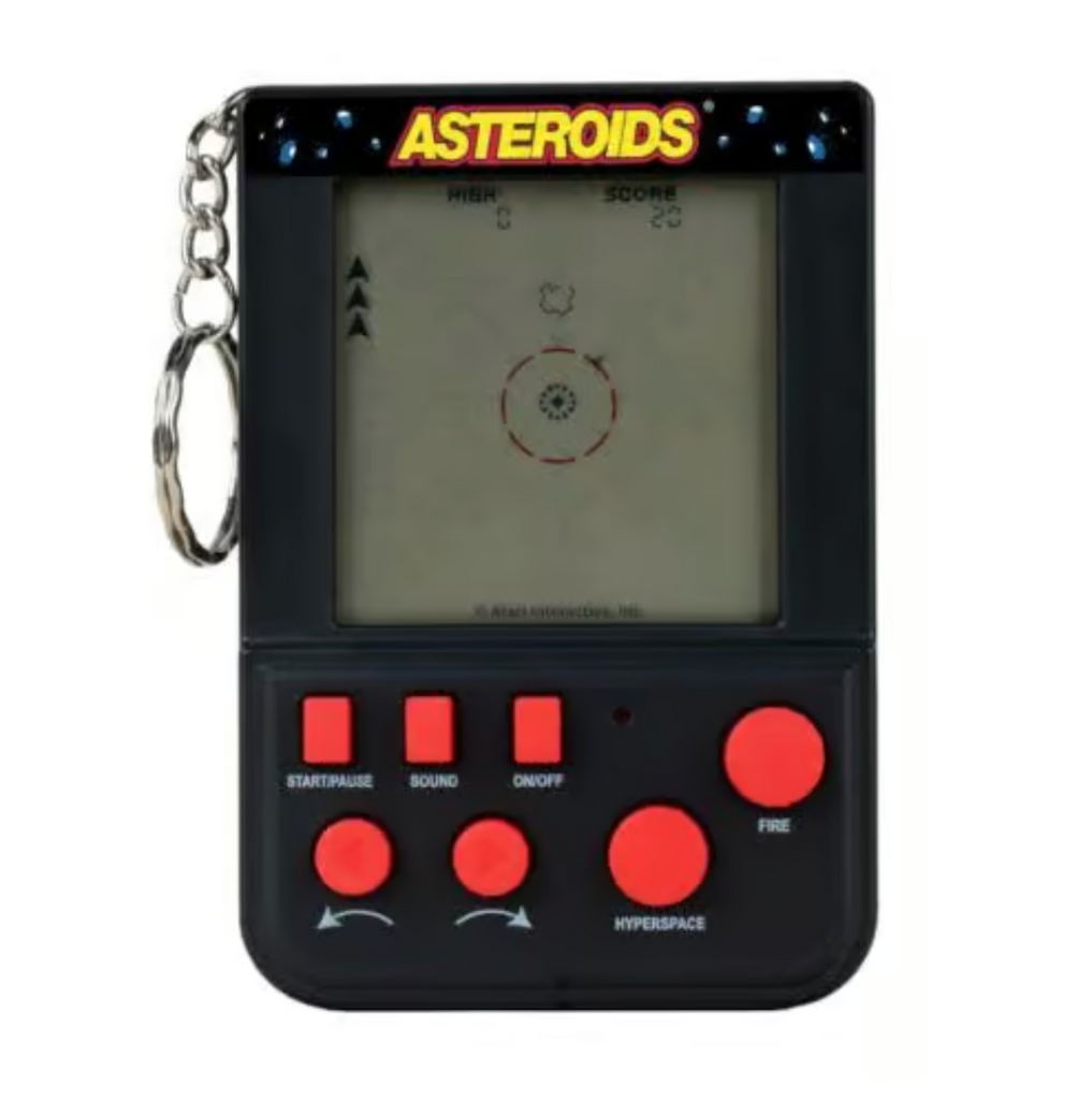 Handheld Asteroids Arcade game with small screen and red buttons. 