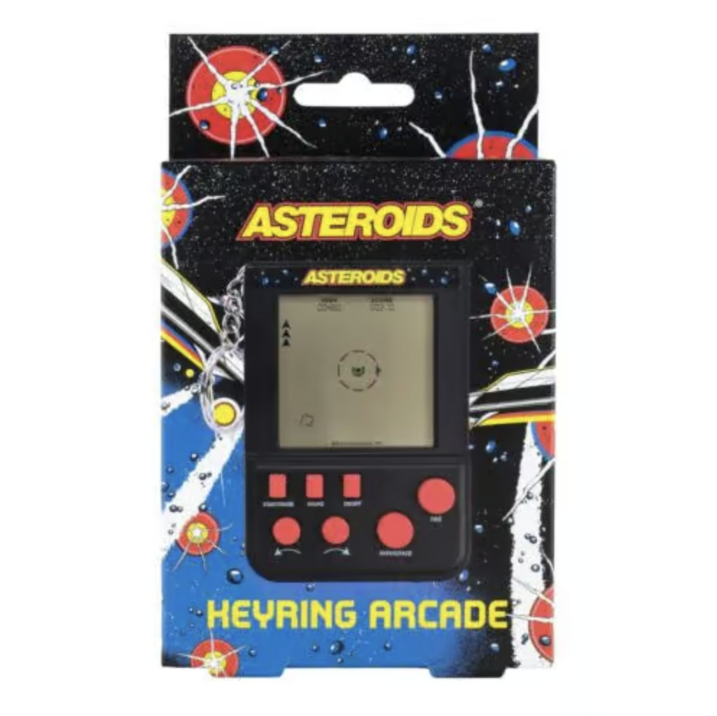 Asteroids Keyring Arcade packaged in a box with colorful graphics from the original arcade game. 