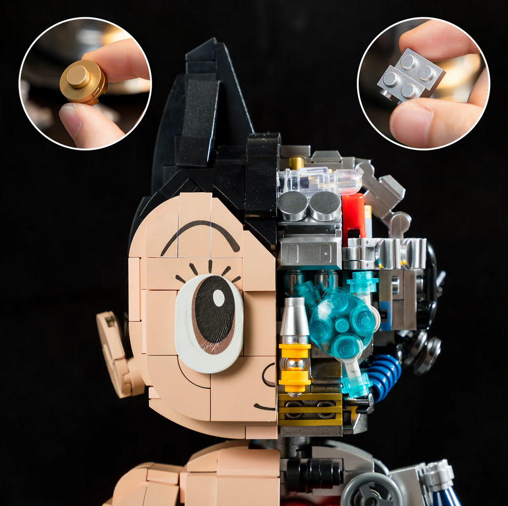 Close up of Astro Boy's face from the  Mechanical Building Bricks kit. 