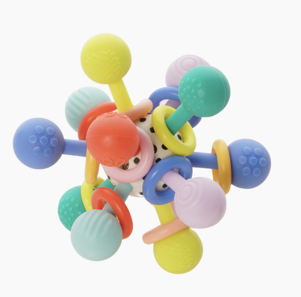 Colorful baby toy with twelve colorful bendy arms with textured ends stem from the round center with rings that rattle with every shake. 