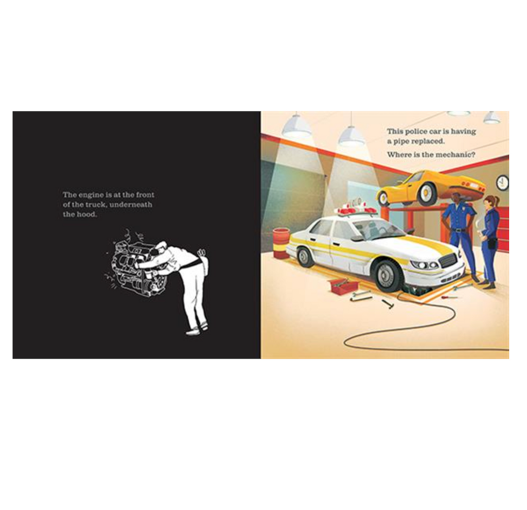 Interior pages from At The Garage, A Shine a Light Book showing a black and white page with a mechanic bent over an engine and a full color picture of a police car with tools scattered around it. 