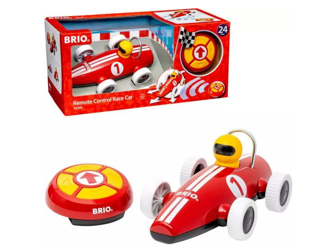 The Brio Remote Control Race Car, a classic red formula 1 car with a driver in a yellow helmet and a red and yellow remote with five button control. 