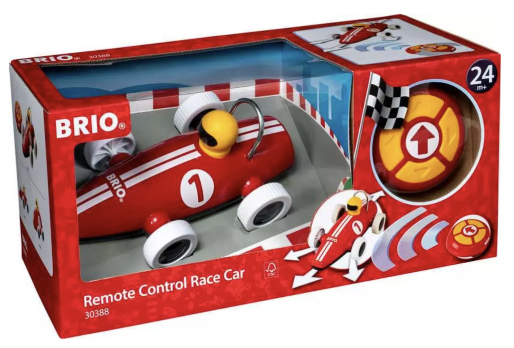 Brio Remote Control Race car for toddlers packaged in a red box with a clear window displaying the classic race car and basic remote control with big yellow buttons. 
