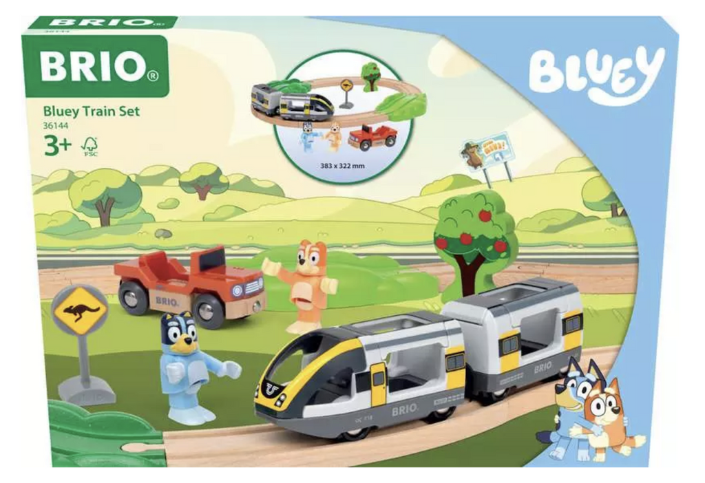 BRIO World Bluey Train Set box with a picture of the wooden train tracks fitted together with the rail cars,  Bluey and Bingo figures as well as the Heeler family car, all of which are included in the set. 