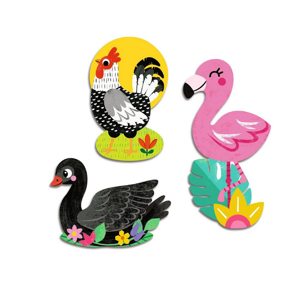 Three brightly colored bird stickers from the Baby Birds Sticker collection. 