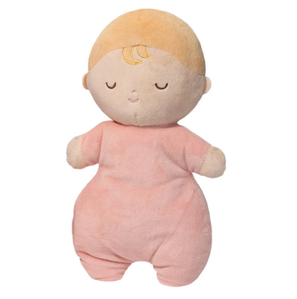 Plush baby doll with pink onsie and blond hair. 