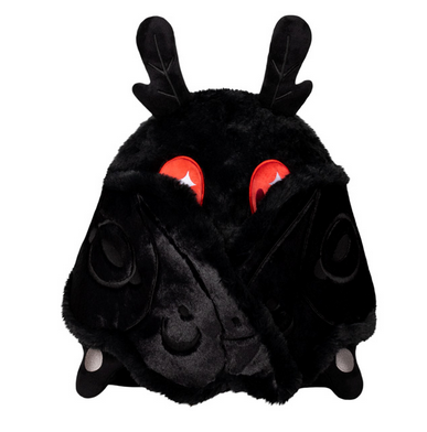 Baby Mothman Squishable with solid black fur and magnetic wings crossed over it's front.  Also with big red eyes. 