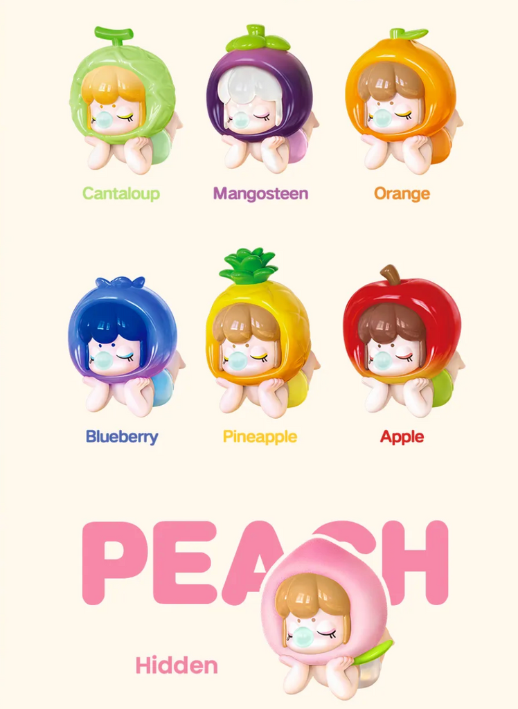 Six Baby Nanci figures with various fruit hats, plus a picture of the secret figure which is a peach. 