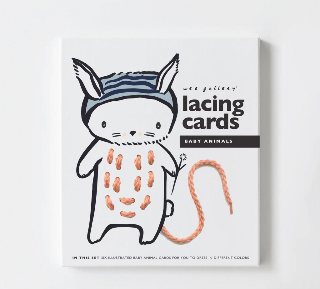 Cover of the Baby Animals Lacing Cards box with an illustration of a cute baby bunny wearing a hat with a string laced through it's body. Black lettering on a white background provide eye catching contrast. 