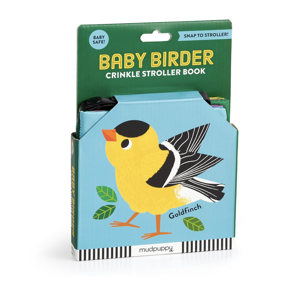 Baby Birder Crinkle Stroller Book packaged in a cardboard box featuring an illustration of a little Goldfinch with yellow and black coloring. The corners of the box are open so that the softness and crinkle features can be experienced. 
