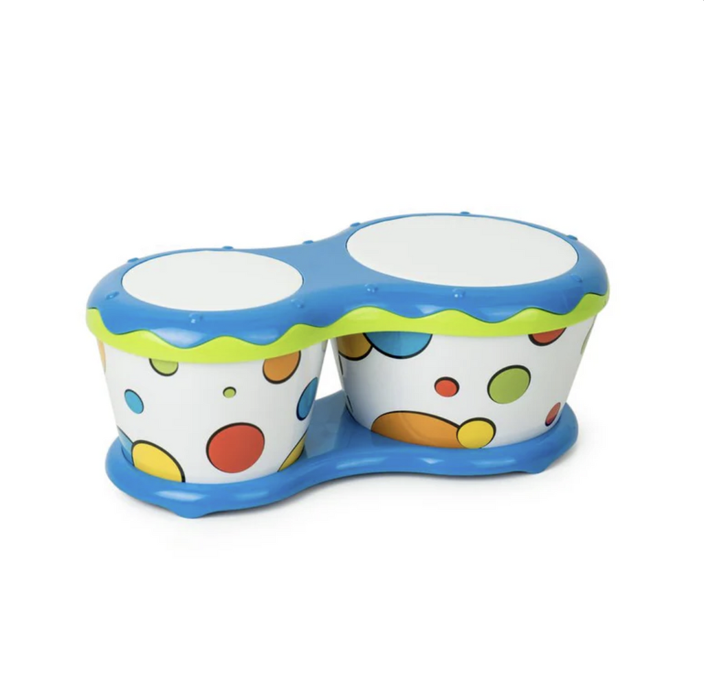 Blue Baby Bongos have a white base with multicolor polkadots.