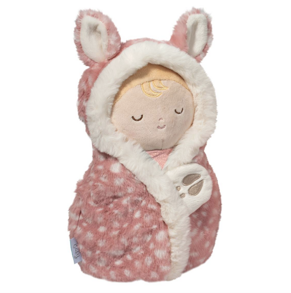 Plush baby doll Fawn Hug with cozy pink and white cozy blanket snuggie. 