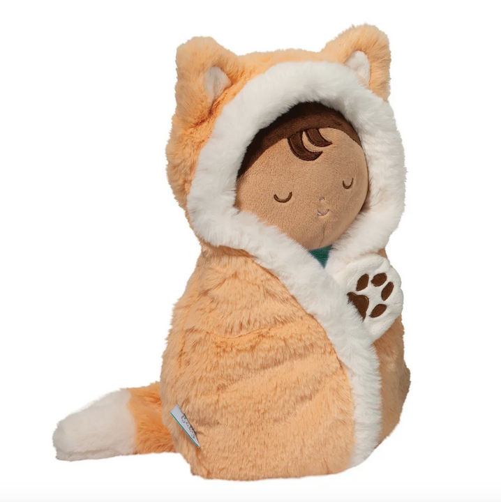 Plush baby doll swaddled in a light red fox blanket with ears. 