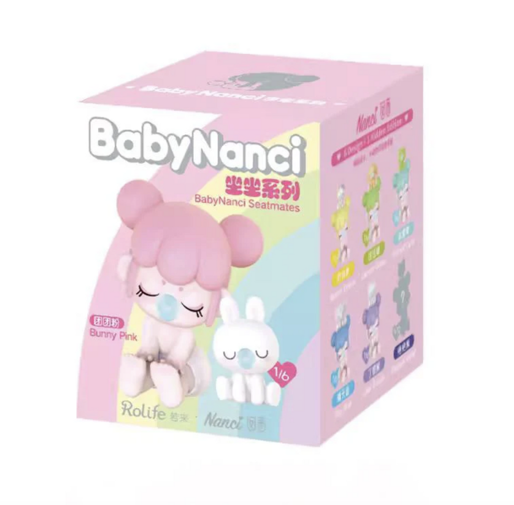 Color box featuring Baby Nanci and a baby animal figures against a pastel rainbow. 