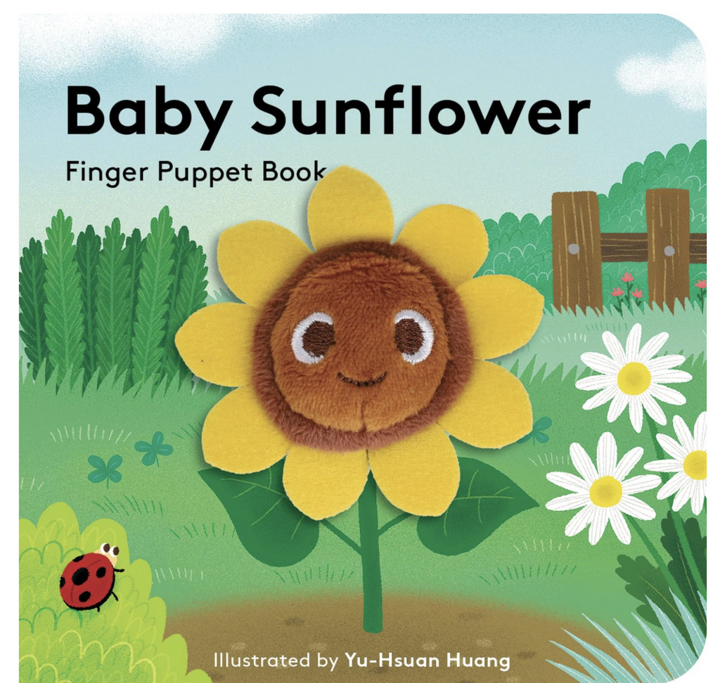 Illustrated cover of Baby Sunflower Finger Puppet Book with a plush sunflower finger puppet.